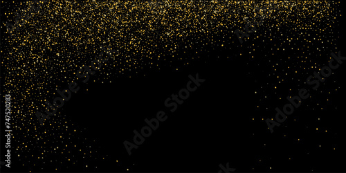 Gold dust. Confetti with gold glitter on a black background. Shiny scattered sand particles. Decorative elements. Luxury background for your design, cards, invitations. Vector