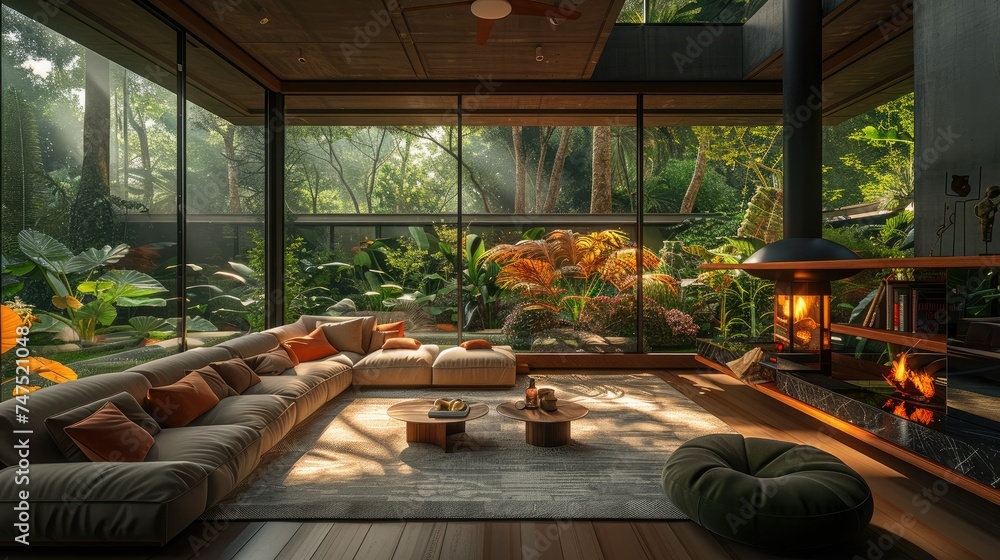 Fototapeta premium A living room in the rainforest with a fireplace. Generative AI.