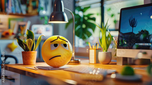 Worried emoji cushion on a busy desk setup - A vibrant office desk setting featuring a yellow emoji cushion with a worried expression amidst daily work items