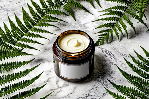 A jar of facial moisturizer on a marble table with fern leaves