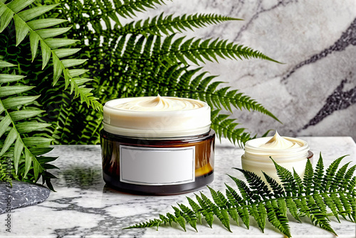 A jar of facial moisturizer on a marble table with fern leaves
