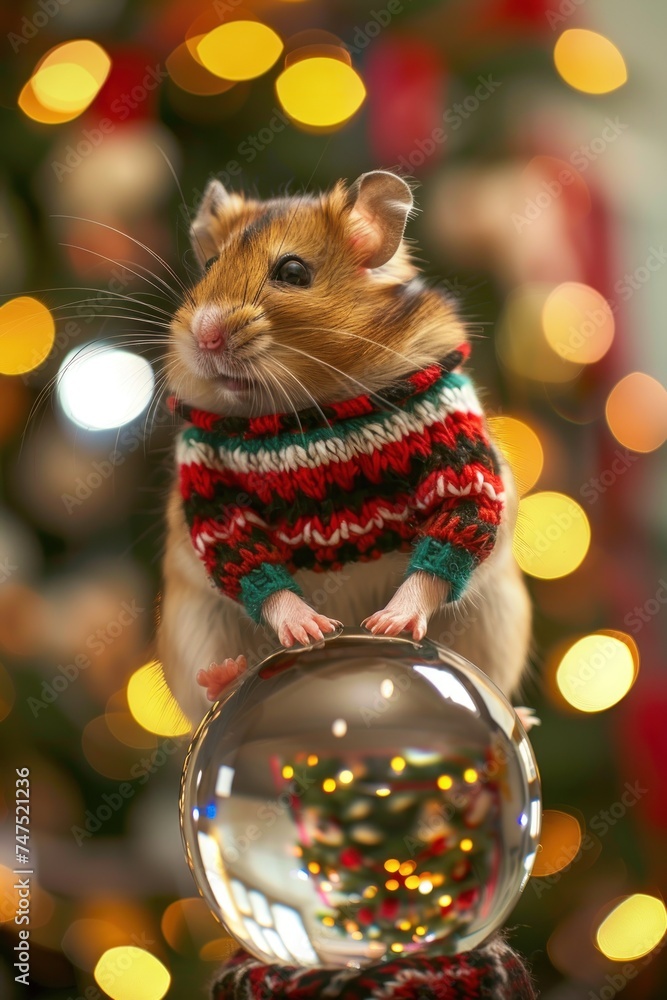 A hamster in a knit sweater, rolling on a crystal ball, predicting this season's fashion trends
