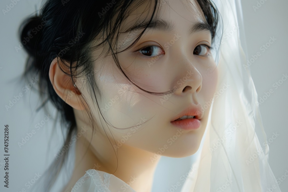 A detailed view of a persons face adorned with a veil, showcasing intricate patterns and textures of the fabric.