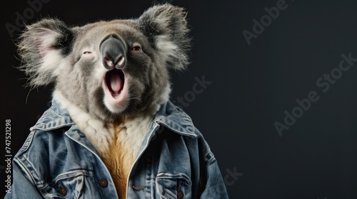 A minimalist portrait of a koala in a denim jacket, yawning amusingly, set for a lifestyle magazine feature