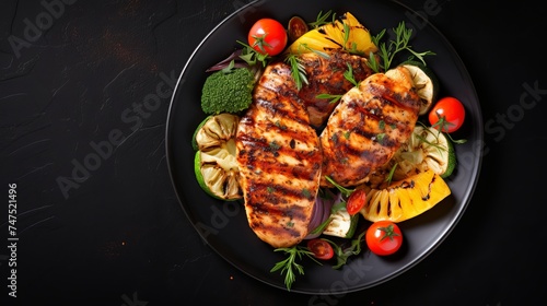 Plate of grilled chicken with vegetables on dark background, top view