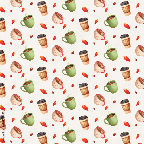 watercolor hand drawn colorful seamles tee , coffee and  leaves pattern for banners, posters, cover design templates, social media stories wallpapers and greeting cards. vector illust