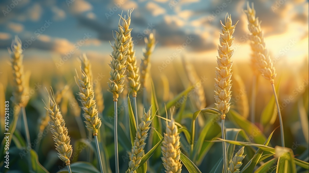 Fresh ears of young green wheat. Green wheat ears in field. Agriculture scene. Generative AI. Fresh ears of young green wheat. Green wheat ears in field. Agriculture scene. Generative AI.