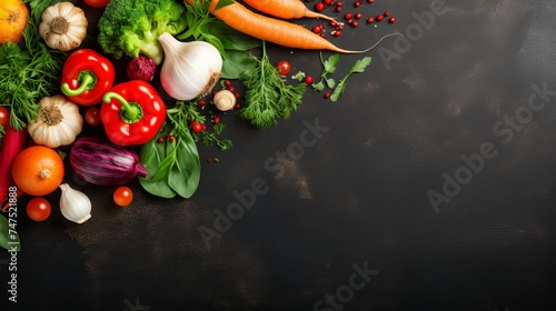 Raw organic vegetables with fresh ingredients for healthily cooking on vintage background, top view, banner. Vegan or diet food concept. Background layout with free text space photo