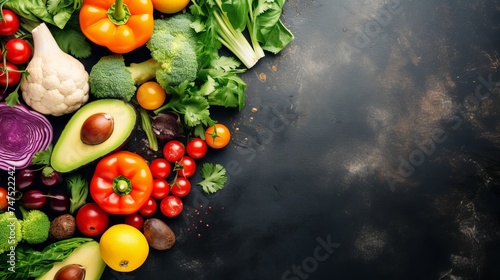 Raw organic vegetables with fresh ingredients for healthily cooking on vintage background, top view, banner. Vegan or diet food concept. Background layout with free text space photo