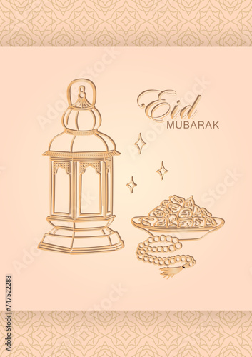 Eid Mubarak greeting card with hand drawn linear golden Arabic lantern, Muslim rosary praying beads and dates in a bowl as dish for Iftar. Beige vertical poster with arabesque frame for Ramadan Kareem