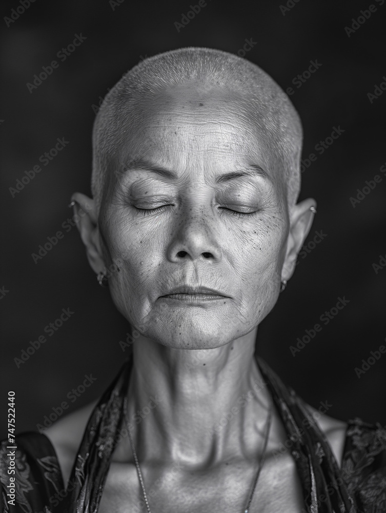 Retrato de Mujer Calva en Blanco y Negro, con ojos cerrados y expresión serena - obrazy, fototapety, plakaty 