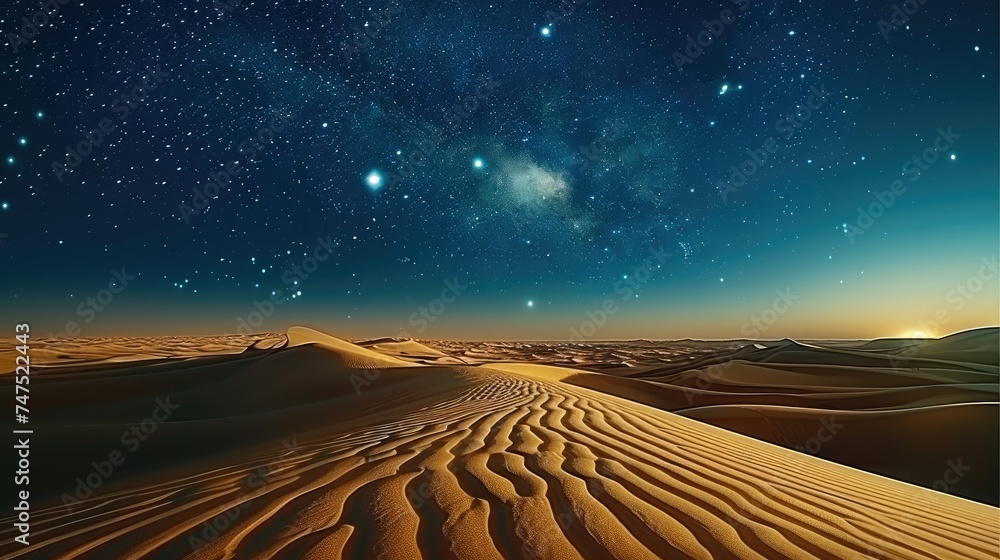 An empty dune desert under a bright starry sky. Generative AI. - obrazy, fototapety, plakaty 