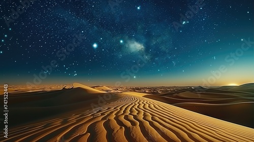 An empty dune desert under a bright starry sky. Generative AI.