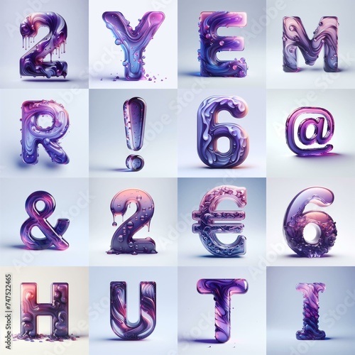 Violet glass 3D Lettering Typeface. AI generated illustration