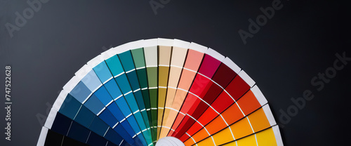 Color guide close up. Assortment of colors for design. Colors palette fan on black concrete wall background. Color palette guide circle. Coloured swatches. Open paint sample colors catalogue. Rainbow photo