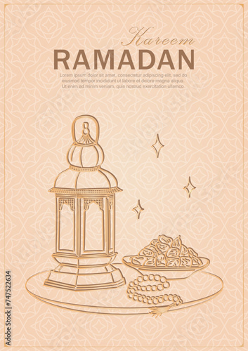 Ramadan Kareem greeting card with hand drawn linear golden Arabic lantern, Muslim rosary praying beads and dates in a bowl as a dish for Iftar. Soft beige poster with arabesque pattern for Eid Mubarak