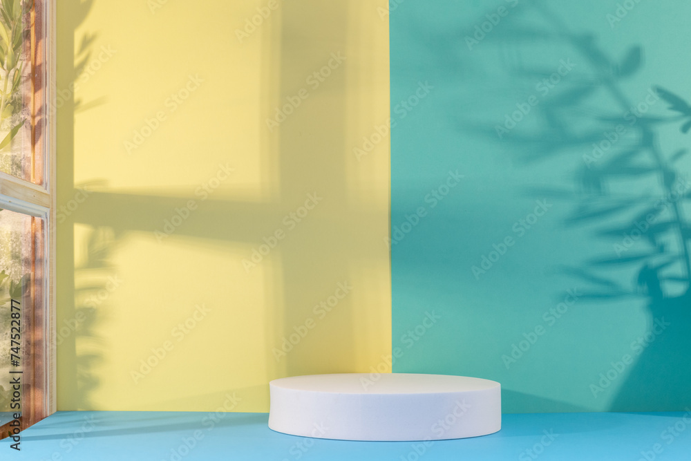 Fond avec un podium vide pour création d'arrière plan de couleurs jaune, bleu et vert avec un jeu d'ombre d'une fenêtre et de branches. Fond avec un podium vide pour création d'arrière plan de couleurs jaune, bleu et vert avec un jeu d'ombre d'une fenêtre et de branches.