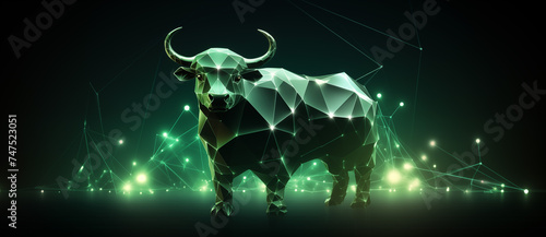 a green bull standing with glowing light