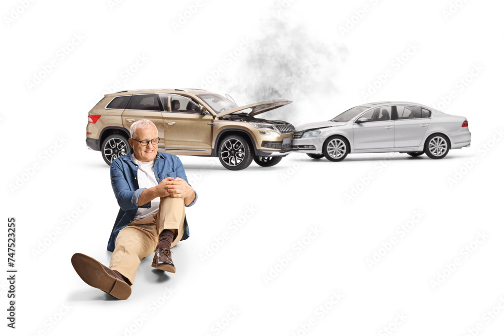 Car accident and a man with an injured leg - obrazy, fototapety, plakaty 