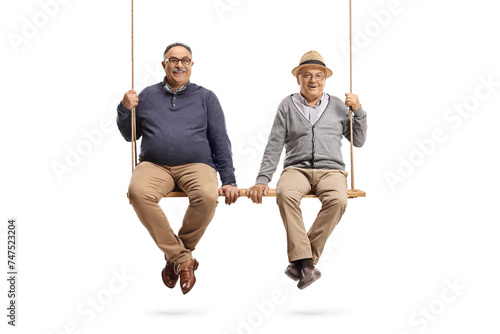 Elderly male friends sitting on a big wooden swing