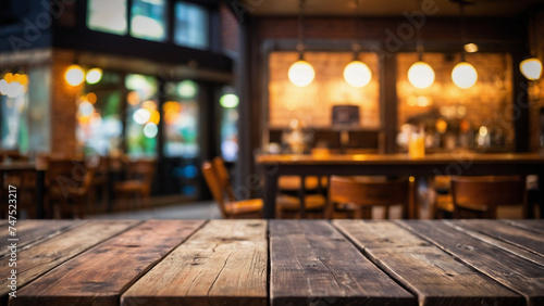 an empty table to assemble products in a rustic and cozy restaurant, bar in the background bokeh, space for text
 photo