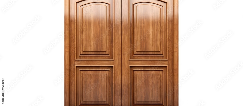 A pair of wooden doors, showcasing intricate details and craftsmanship, are set against a plain white background. The doors appear sturdy and traditional in design.