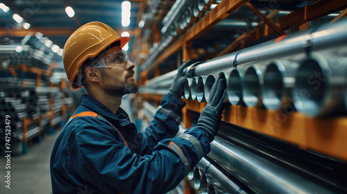 Engineer Inspecting Steel Pipe Material for Production on Shelf Rack at Factory . Generative AI. © visoot