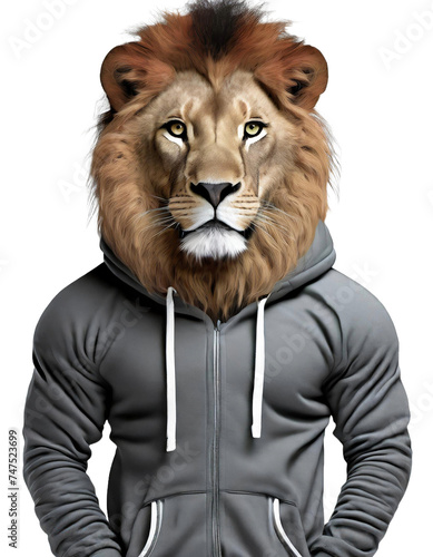 antropomorphic lion  in  hoodie clothes  isolated  photo