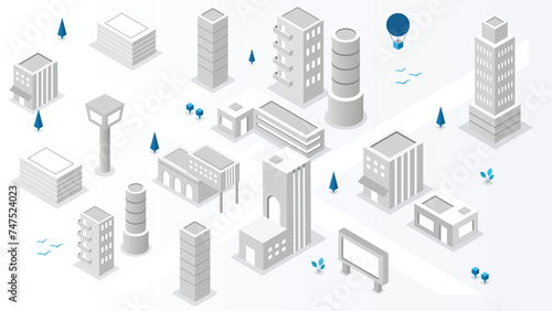 Isometric city set of violet building modern town street. Ultraviolet illustration map of isometry for the business design concept.
