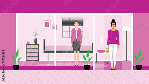 Beautiful women exiting in beauty spa center. Cosmetology and skin care, professional massage therapist and beautician at work, cartoon flat isolated illustration tidy vector 