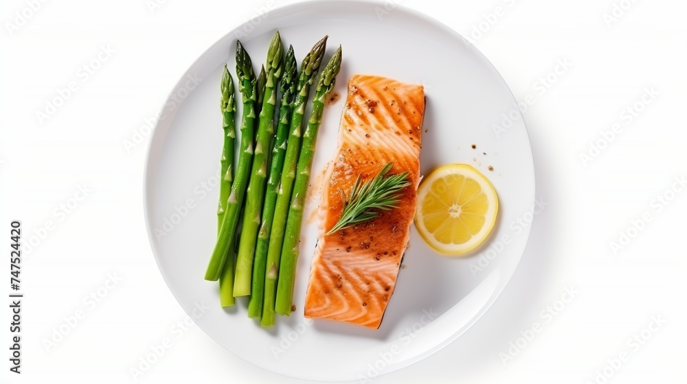 Salmon with steamed asparagus isolated top view Salmon with steamed asparagus isolated top view