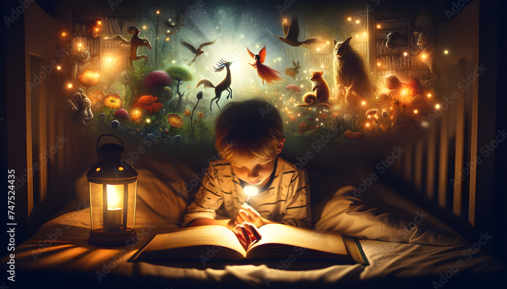 Child Reading Under Blanket with Fantasy Creatures