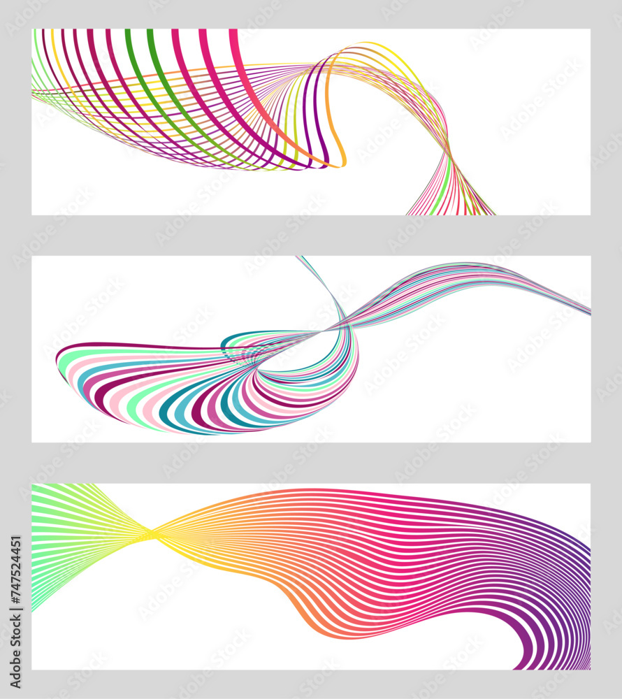 Wavy lines or ribbons. Set of 3 backgrounds. Multicolored striped gradient. Creative unusual background with abstract gradient wave lines to create a trendy banner, poster. vector eps Wavy lines or ribbons. Set of 3 backgrounds. Multicolored striped gradient. Creative unusual background with abstract gradient wave lines to create a trendy banner, poster. vector eps