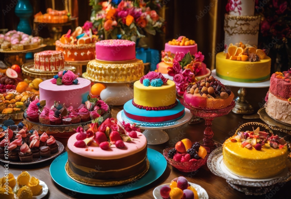 illustration, delicious array colorful cakes sweets displayed table for festive celebration, dessert, party, confectionery, buffet, decoration, birthday, event, pastry, icing, sugar,