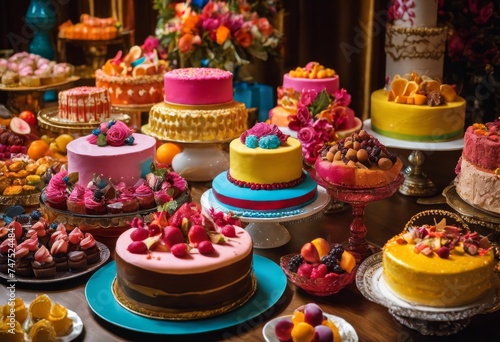 illustration, delicious array colorful cakes sweets displayed table for festive celebration, dessert, party, confectionery, buffet, decoration, birthday, event, pastry, icing, sugar,