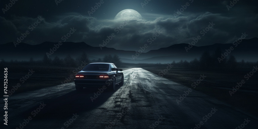 Midnight Escape Driving Through a Road or Alley with a Car, Car driving on an dark foggy road at night and moon behind clouds, generative AI
