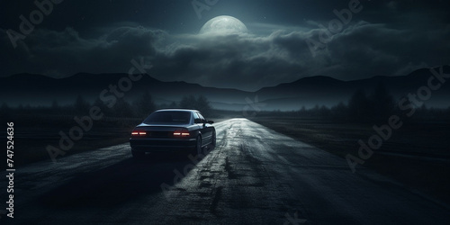 Midnight Escape Driving Through a Road or Alley with a Car, Car driving on an dark foggy road at night and moon behind clouds, generative AI  © Akash