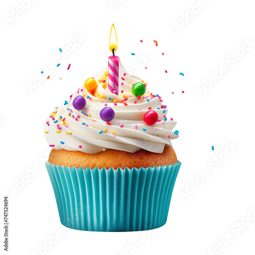 birthday cupcake with candle icing on transparent background