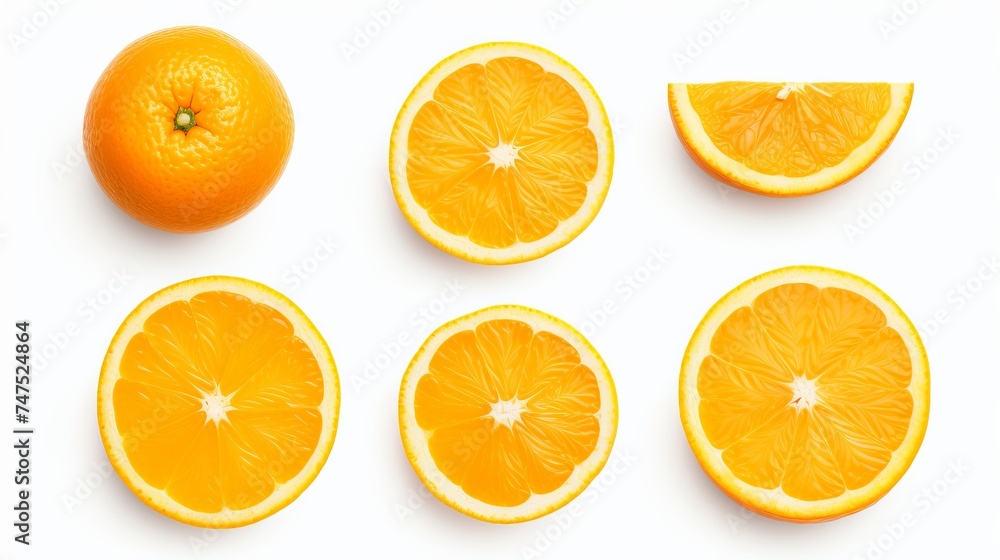 Set of fresh whole and cut orange and slices isolated on white background. From top view Set of fresh whole and cut orange and slices isolated on white background. From top view