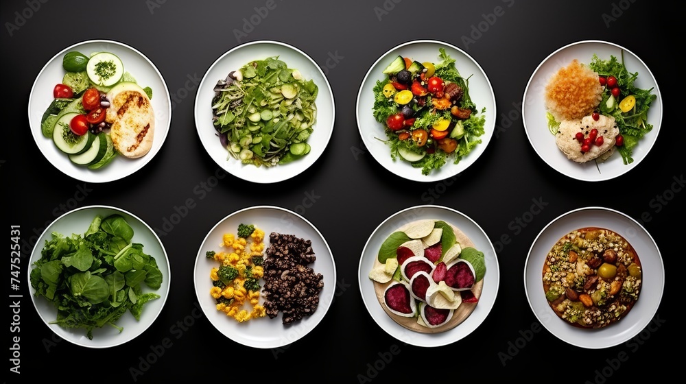 Set of various plates of food isolated on a white background, top view Set of various plates of food isolated on a white background, top view