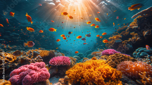 Underwater photography, scuba divers swimming over a lively coral reef surrounded by small tropical fish in blue ocean © PNG