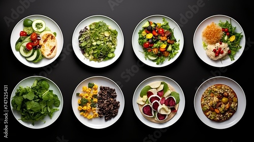 Set of various plates of food isolated on a white background, top view
