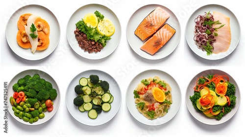 Set of various plates of food isolated on a white background, top view