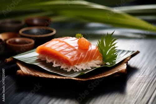 Close-up view photography of a tempting sashimi on a palm leaf plate against a natural linen fabric background. AI Generation
