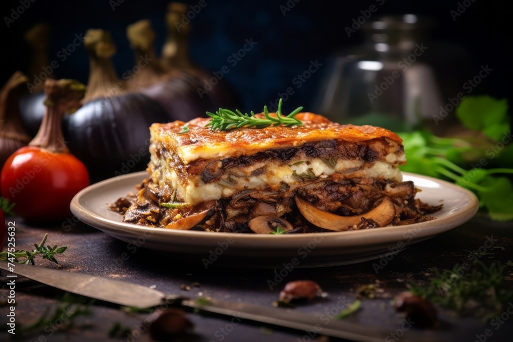 Rustic ambiance close-up photography of a tasty moussaka on a marble slab against a natural linen fabric background. AI Generation Rustic ambiance close-up photography of a tasty moussaka on a marble slab against a natural linen fabric background. AI Generation