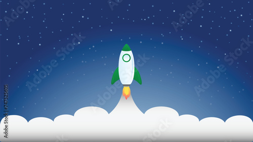 Launched rocket. Clouds and sky, stars. Rocket flying through clouds to space. White exhaust and glowing. flat vector illustration.