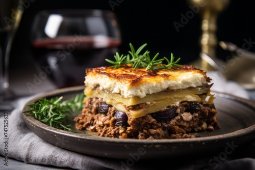 Rustic ambiance close-up photography of a tasty moussaka on a marble slab against a natural linen fabric background. AI Generation