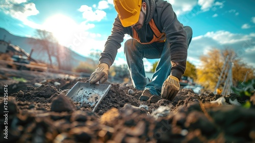 Construction worker is shoveling soil at construction worker site. Generative AI.
