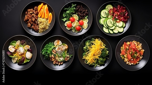 Set of various plates of food isolated on white background, top view