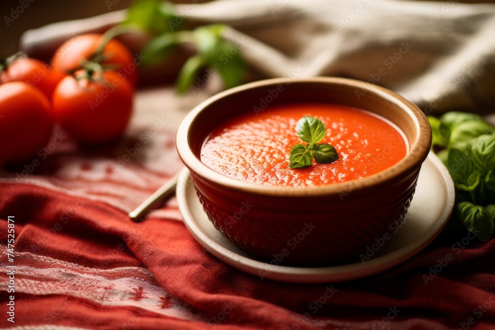 Macro view photography of a tasty gazpacho on a plastic tray against a natural linen fabric background. AI Generation Macro view photography of a tasty gazpacho on a plastic tray against a natural linen fabric background. AI Generation